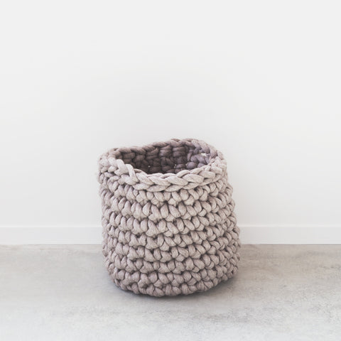 Chunky crocheted medium laundry hamper using our plumptious ethically-sourced New Zealand merino wool.