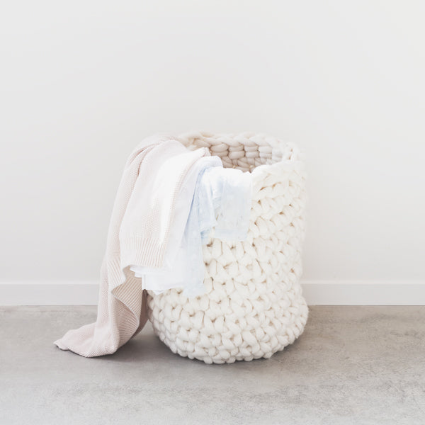 Create this chunky laundry hamper using our chunky wool merino bumps of Plump & Co 1 ply yarn, with Giant crochet hook from Plump & Co. In New Zealand and Australia. With chunky wool merino knits and layers of textures for your home inspiration.