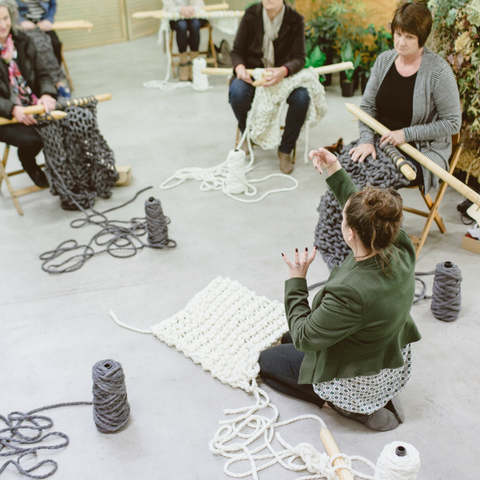 Learn to knit using giant yarn and XXL knitting needles at Plump & Co giant knitting workshops. Plump & Co workshops available nationwide in New Zealand, Australia, USA and more.