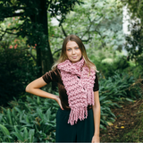 Chunky knit pink yarn scarf made in new Zealand using 2 ply xxl wool and giant knitting needles, shipping worldwide, plump and co also make giant woollen, merino blankets, ottomans, wall hangings, jumpers, bowls, slippers, plant holders, bags, pet beds, pillows and cushions 
